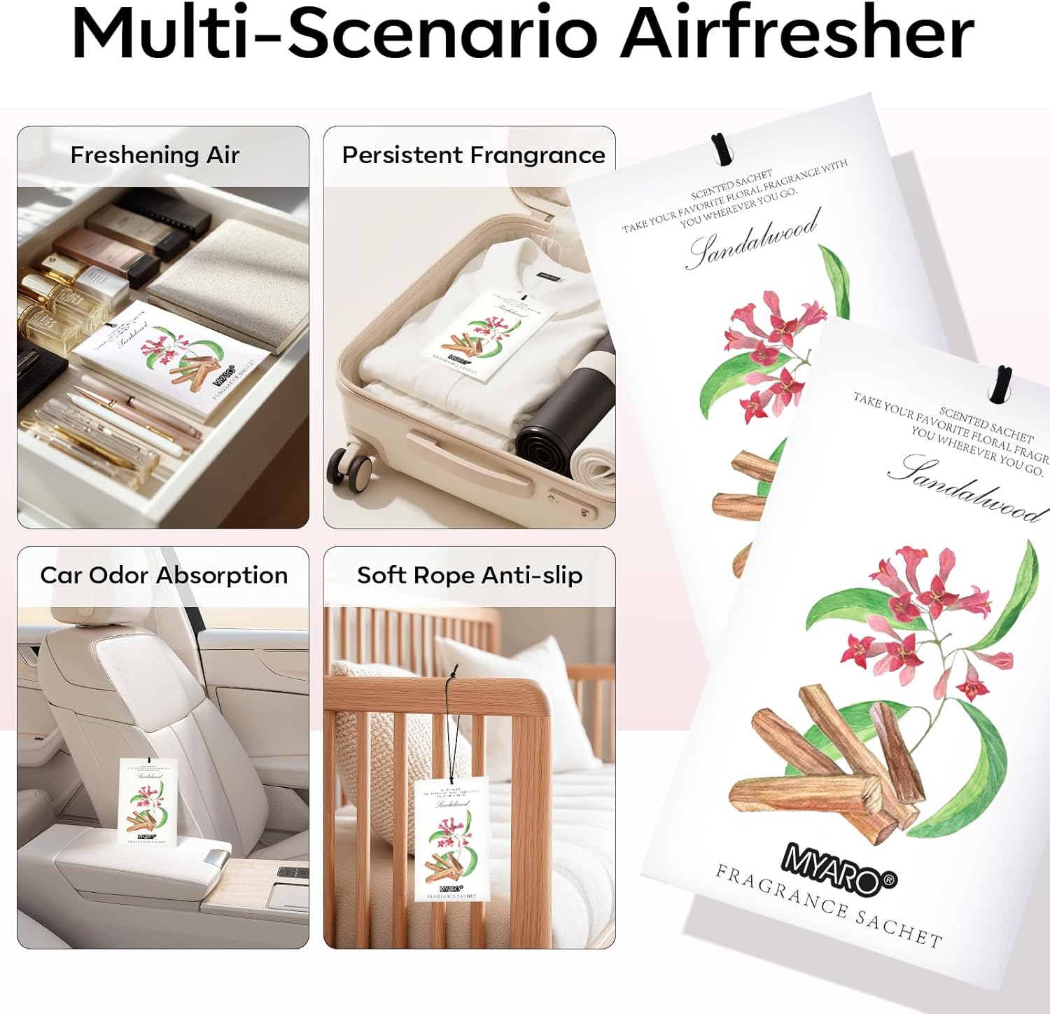 MYARO 12 Pack Sandalwood Scented Sachets, Closet Deodorizer Car Freshener