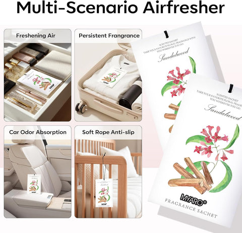 MYARO 12 Pack Sandalwood Scented Sachets, Closet Deodorizer Car Freshener