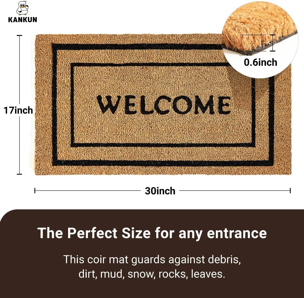 KANKUN Coco Coir Door Mat with Heavy Duty Backing, Welcome Doormat (17" x 30"), Doormat Entrance (Double Box)