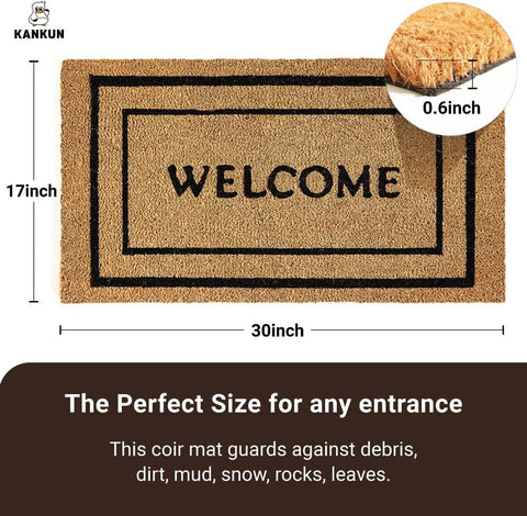 KANKUN Coco Coir Door Mat with Heavy Duty Backing, Welcome Doormat (17" x 30"), Doormat Entrance (Double Box)
