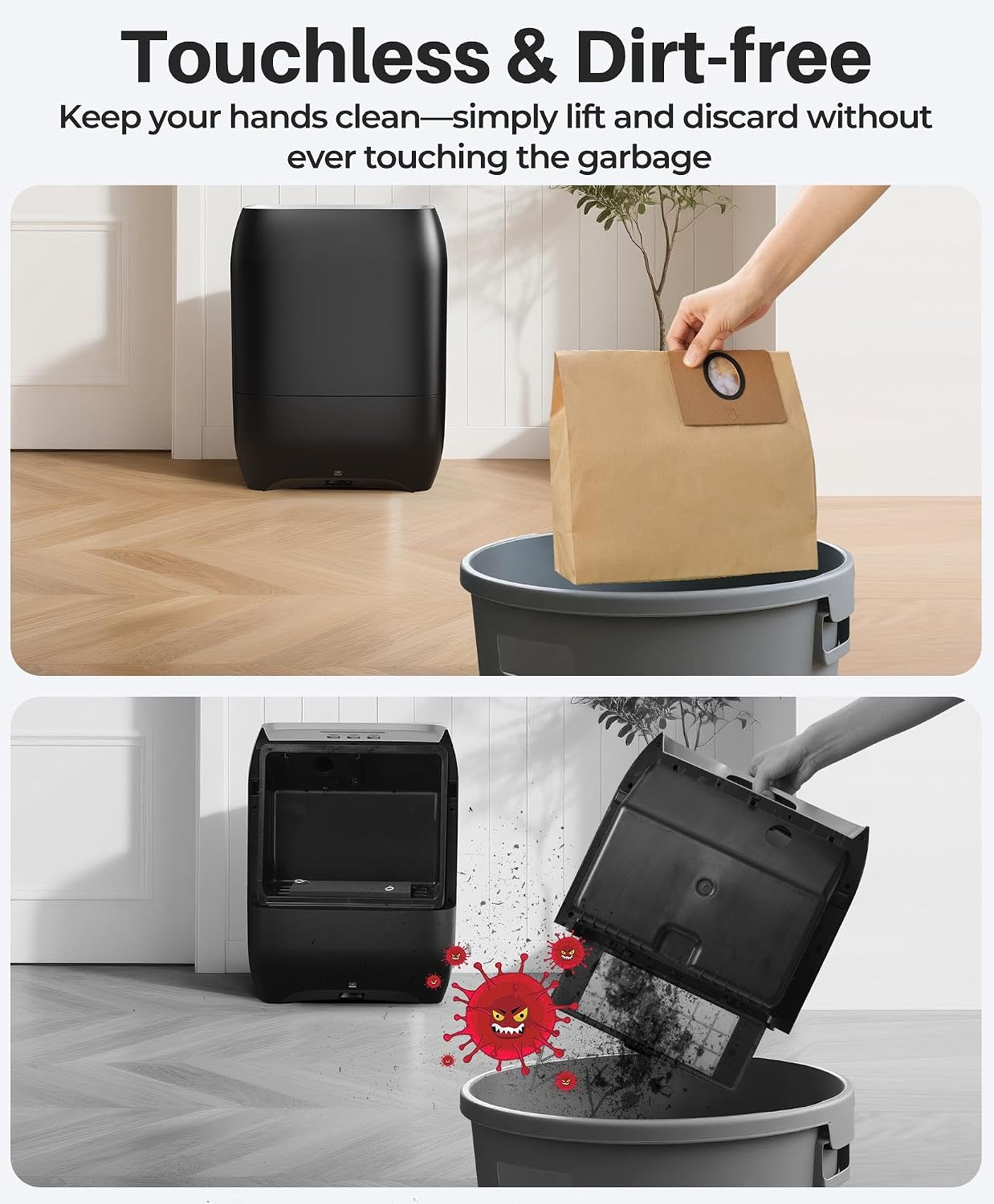 Touchless Vacuum Automatic Dustpan, 6-Pack Dustbags, 20Kpa Suction, 2 Modes