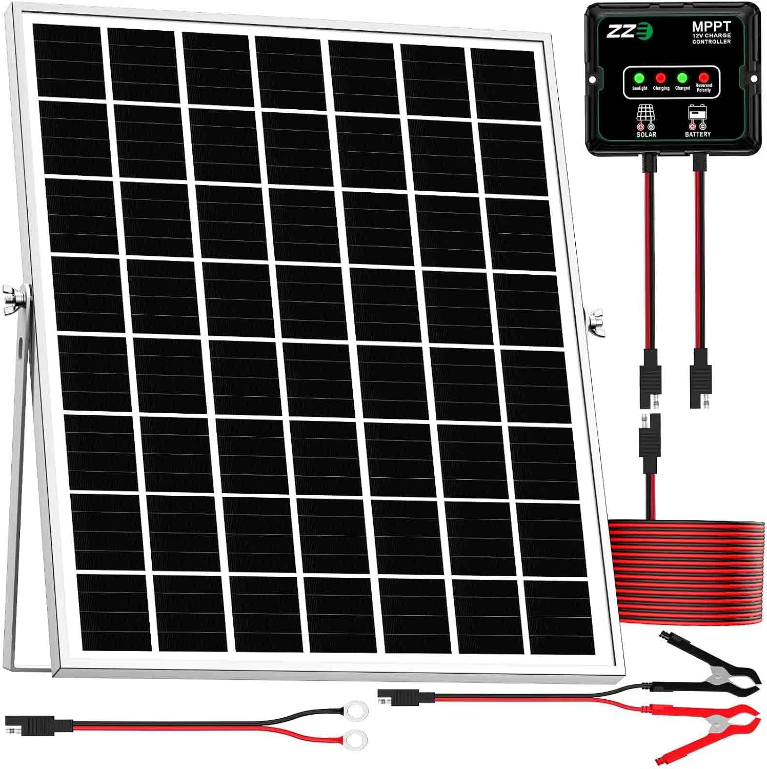 Solar Powered Battery Charger Trickle Maintainer, 20W 12V Solar Panel Kits MPPT Charge Controller with 8 Protections Function IP68 Waterproof for RV Trailer Marine Car Motorcycle (1, Black)