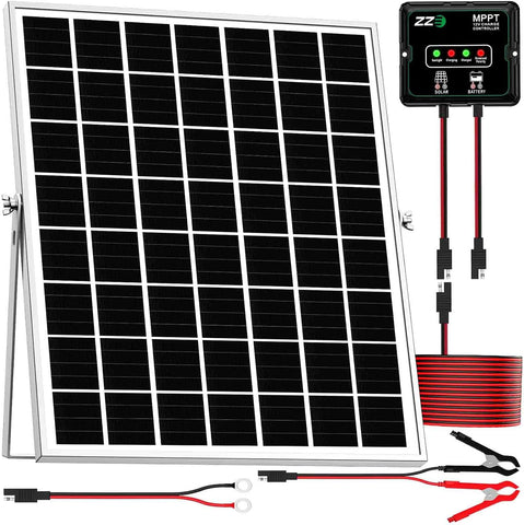 Solar Powered Battery Charger Trickle Maintainer, 20W 12V Solar Panel Kits MPPT Charge Controller with 8 Protections Function IP68 Waterproof for RV Trailer Marine Car Motorcycle (1, Black)