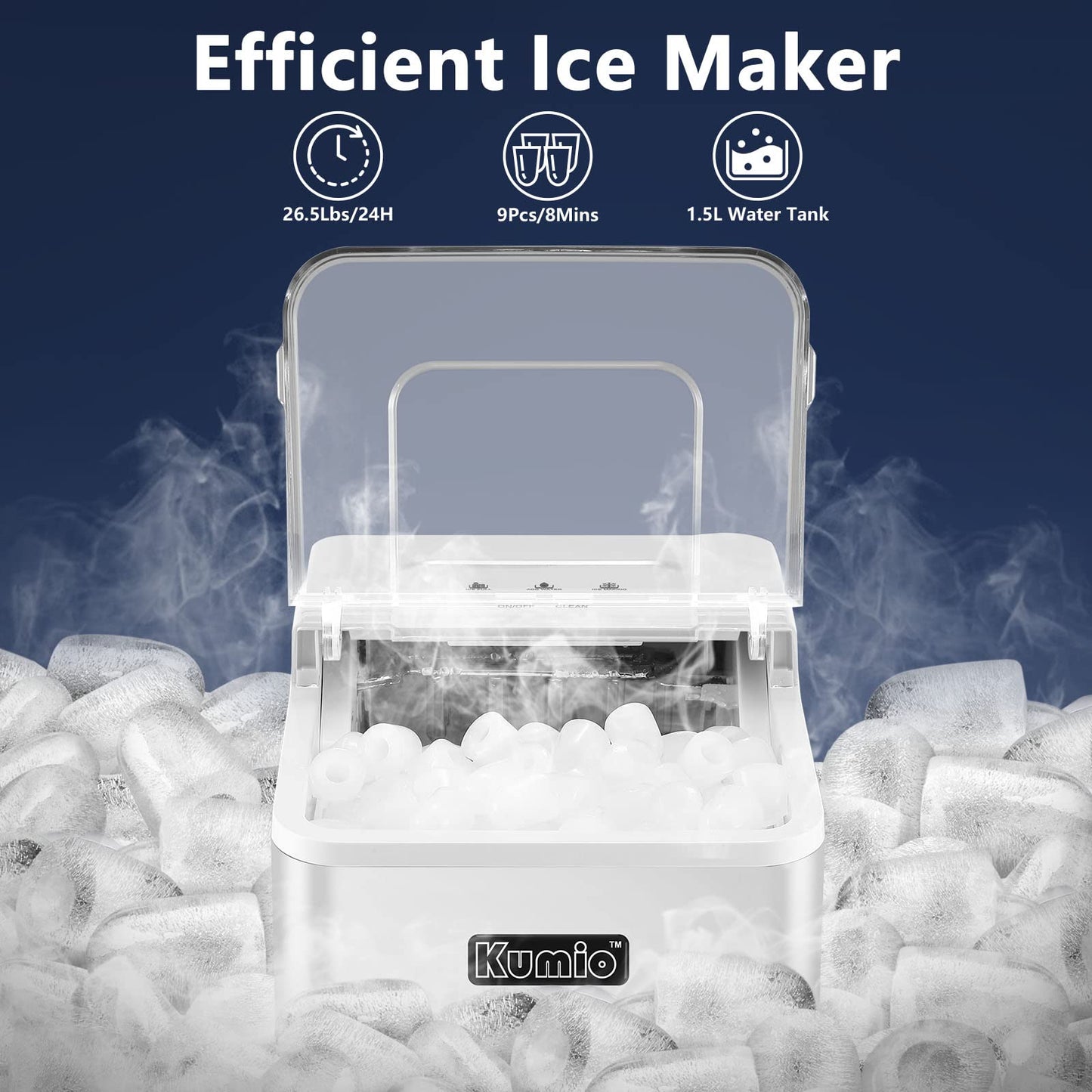 KUMIO Countertop Ice Maker, 9 Bullet Ice Ready in 6-8 Mins, 26.5lbs/24hrs, Self-Cleaning Portable Quiet Ice Machine with Ice Scoop& Basket, White