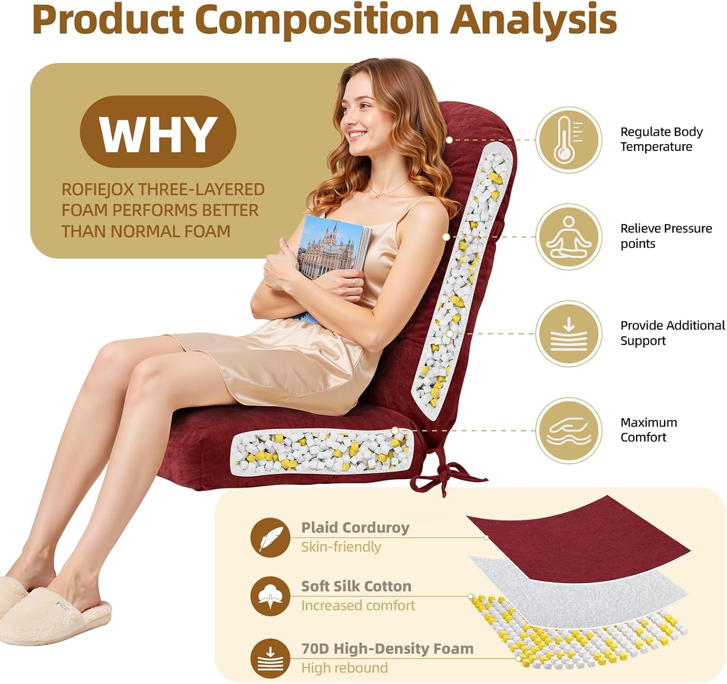 Rocking Chair Cushion - Chenille Fabric, High-Density Sponge, Durable Comfort Non-Slip Bottom Tufted Seat Pads with Ties, Chenille︱Red, 44x19x4 inch