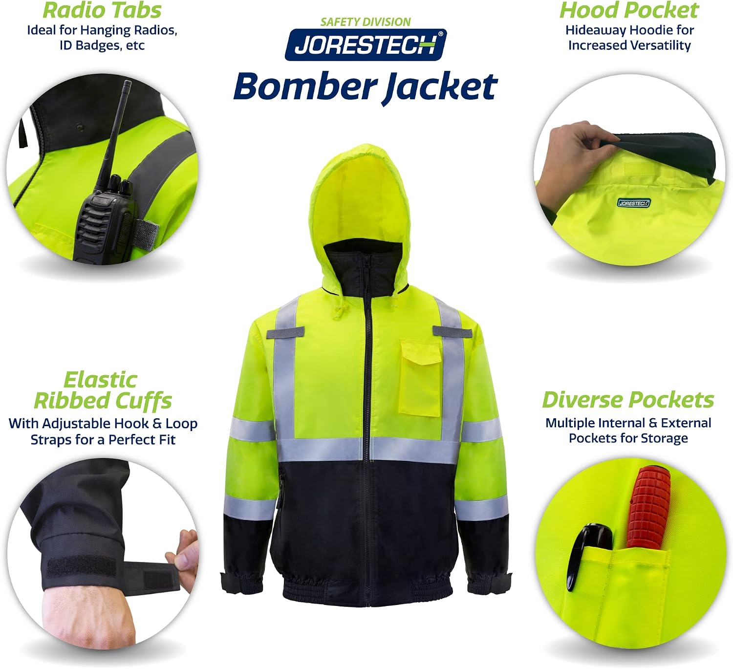 JORESTECH Hi-Visibility Reflective Bomber Jacket for Men, Waterproof, Winter Safety Jacket for Construction and Roadway Work