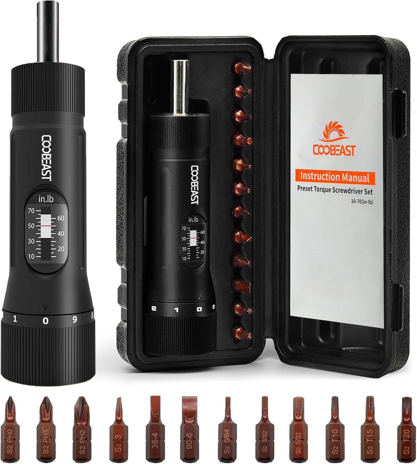 coobeast 13Pcs Preset 1/4” Drive Torque Screwdriver with S2 Bits