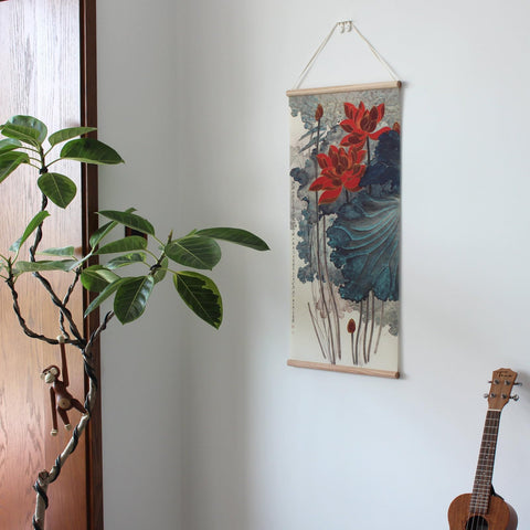 xinyuru Chinese Landscape Flower Poster,Plants Lotus Canvas Wall Art,Oak Wood Scroll Painting Decor for Bedroom Living room (Lotus 1+2, 16”x32”x2piece)
