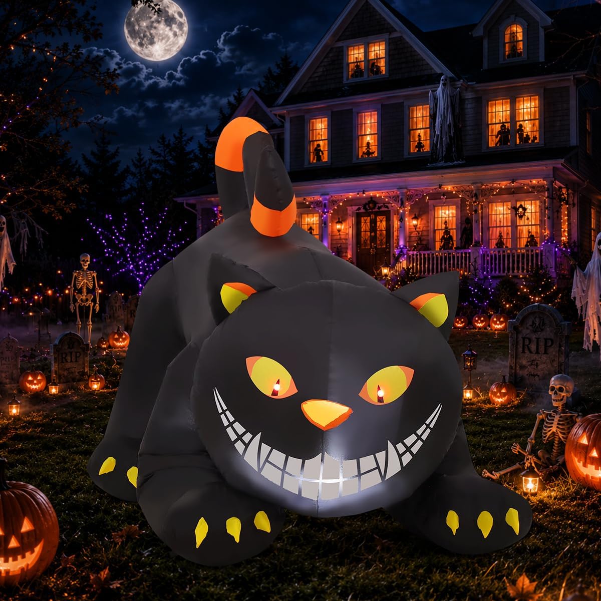 GOOSH 6 FT Halloween Inflatables Outdoor Black Cat with Shakable Head, Blow Up Yard Decoration with LED Lights Built-in for Holiday/Party/Yard/Garden