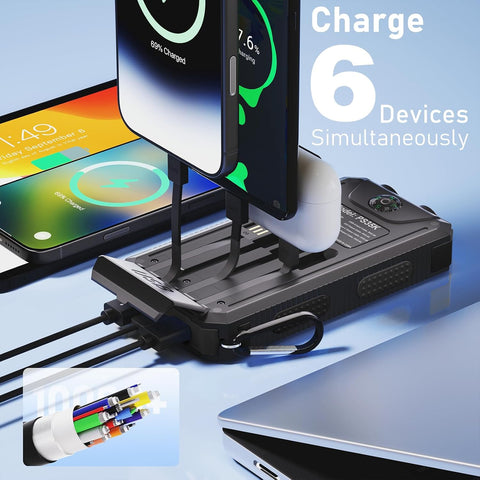Solar Charger Power Bank 20,000mAh, Portable Charger, 4 Cables 3 Ports Fast Charging External Battery Pack with USB C for Cell Phones, Solar Panel Charger with Dual Flashlight for Camping Black