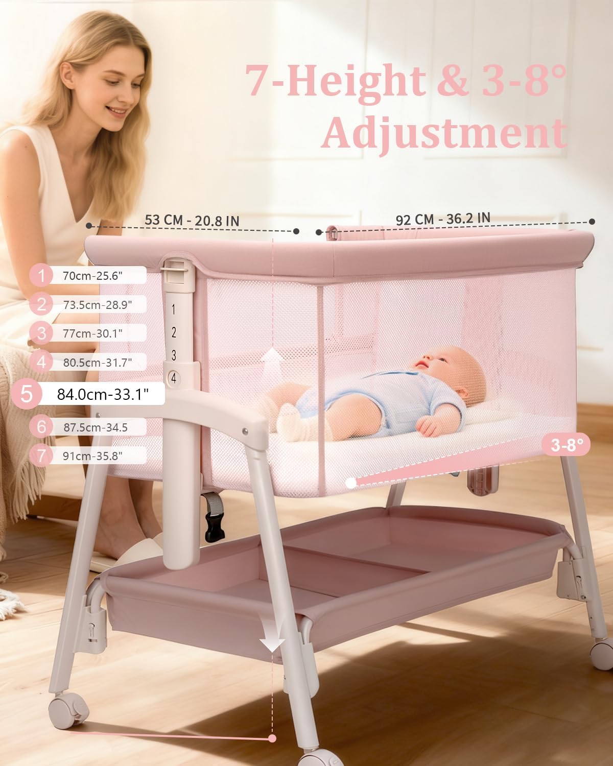 3 in 1 Baby Bassinet with Wheels, Bedside Bassinet Sleeper for Newborn, Portable Baby Crib with 7 Adjustable Height & Large Storage Basket & Full-Mesh, Easy Folding Baby Bed for Infant (Pink)