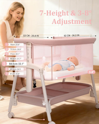 3 in 1 Baby Bassinet with Wheels, Bedside Bassinet Sleeper for Newborn, Portable Baby Crib with 7 Adjustable Height & Large Storage Basket & Full-Mesh, Easy Folding Baby Bed for Infant (Pink)