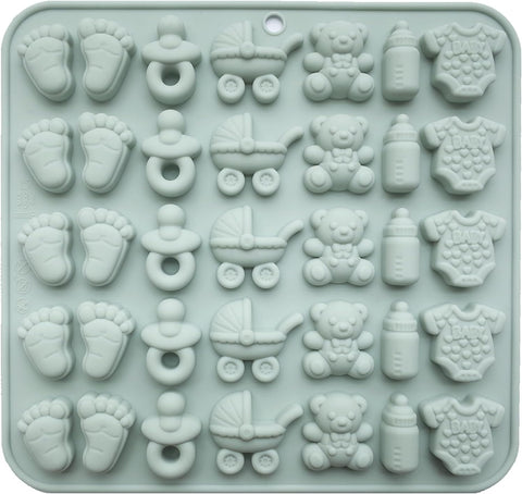 ScivoKaval Baby Shower Silicone Mold with Onesie Pacifier Bottle Baby Footprint Bear Carriage Mold for Chocolate Cake Candy Gummy Cupcake Decoration Party Cupcake Topper