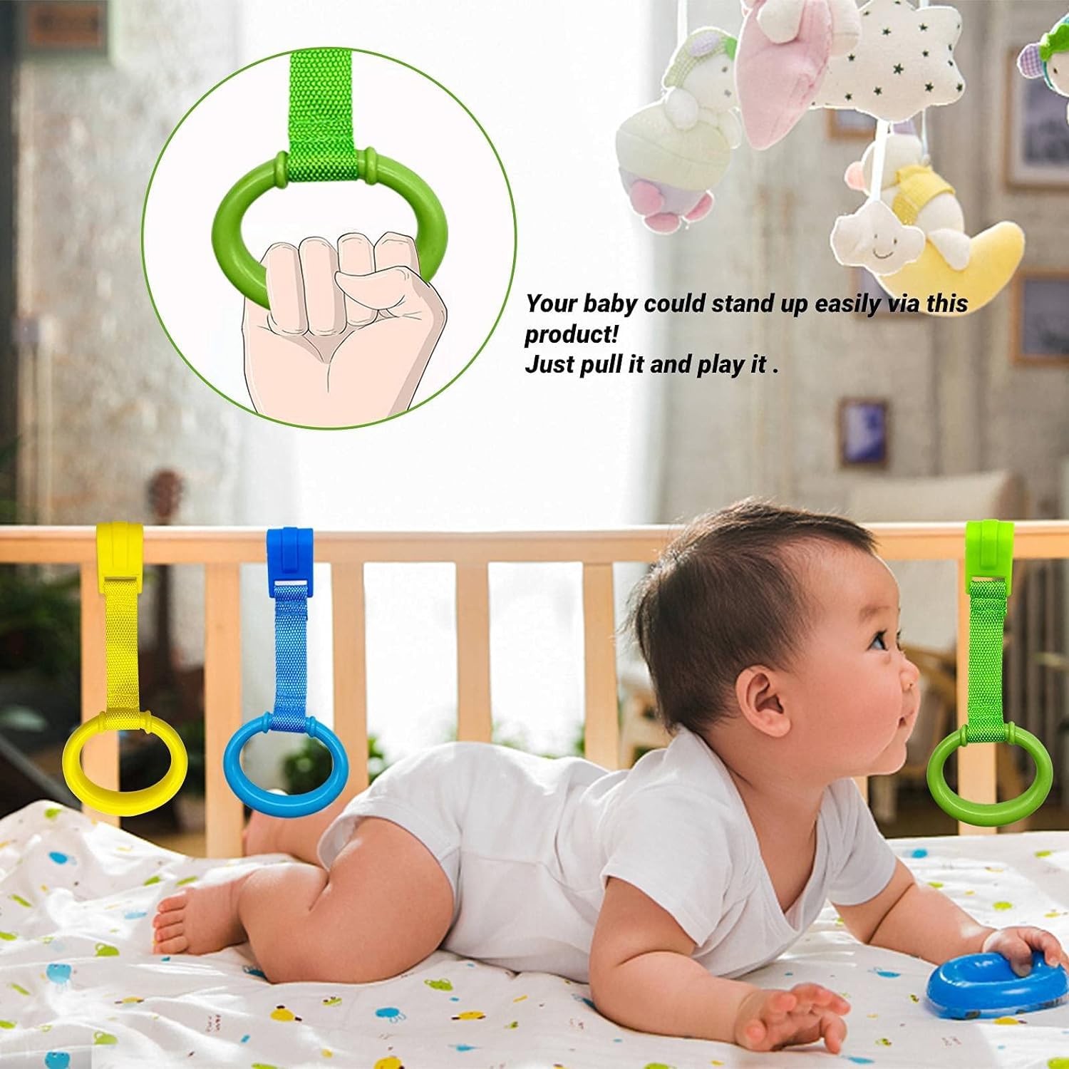 4 Pcs Baby Playpen Pull up Rings, 4 Color Baby Crib Pull up Rings