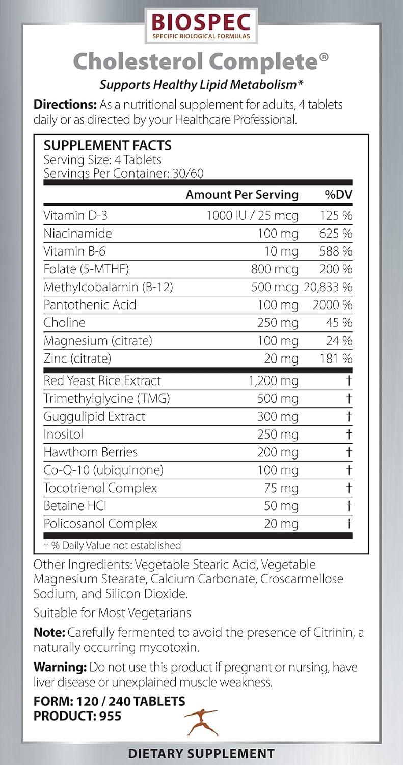 BIOSPEC NUTRITIONALS Cholesterol Complete - Natural Cholesterol Support for Cardiovascular and Heart Health* - Red Yeast Rice, CO-Q-10, Hawthorn, Magnesium (240 Tablets)