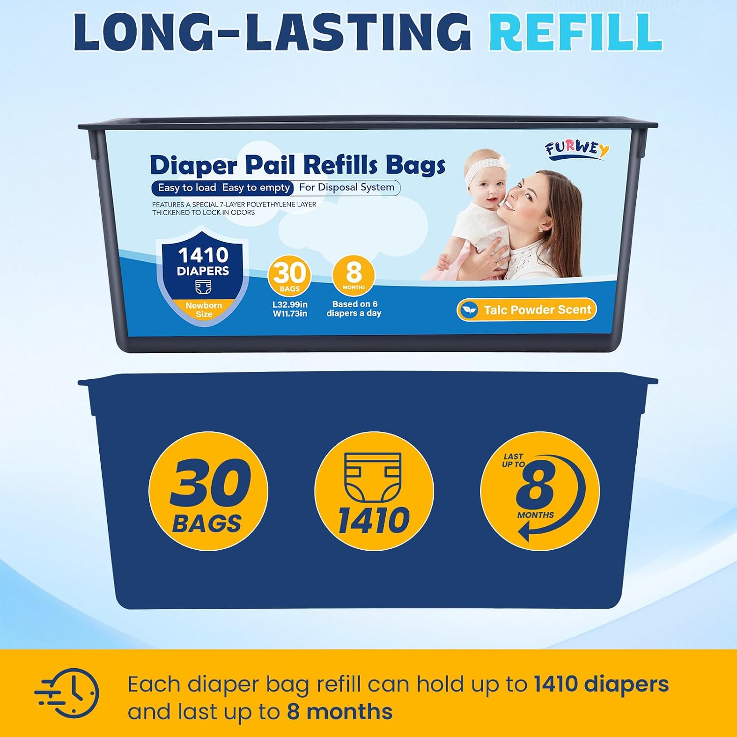 FURWEY Diaper Pail Refill Bags, 2-Pack (60 Bags), 30 Bags Per Refill