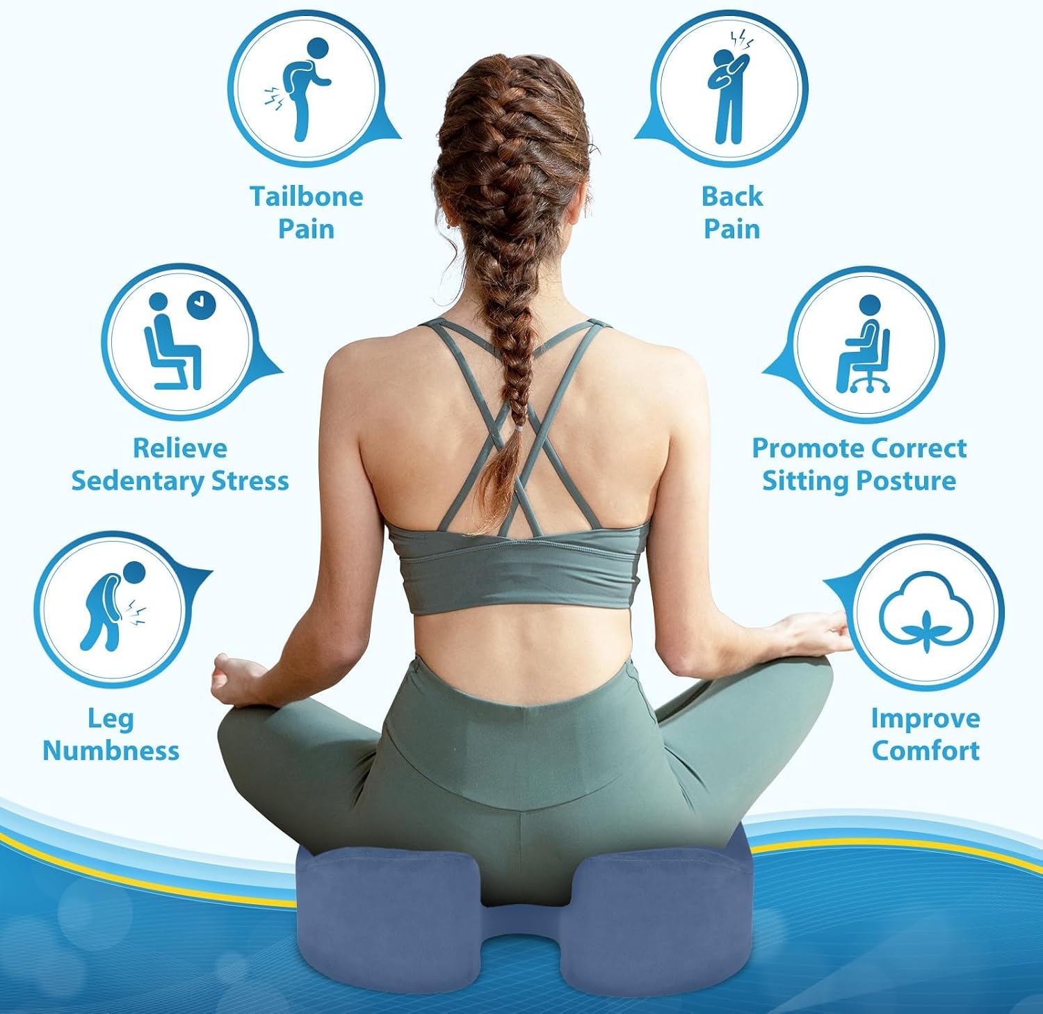 BlissTrends Memory Foam Seat Cushion for Office Chair & Car Seat, LightBlue
