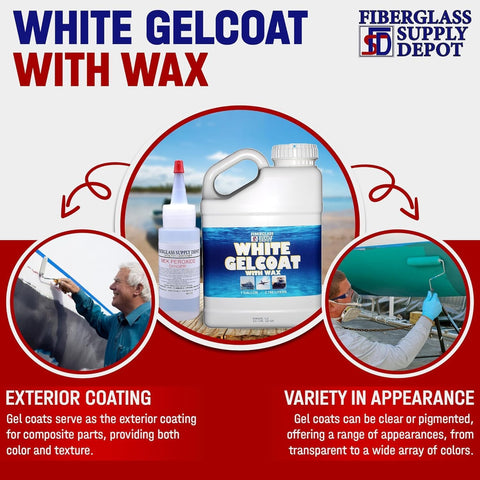Fiberglass Supply Depot White Gelcoat with Wax – UV-Resistant Marine Gelcoat for Interior & Exterior Use – Gallon Kit with 60cc MEKP Hardener