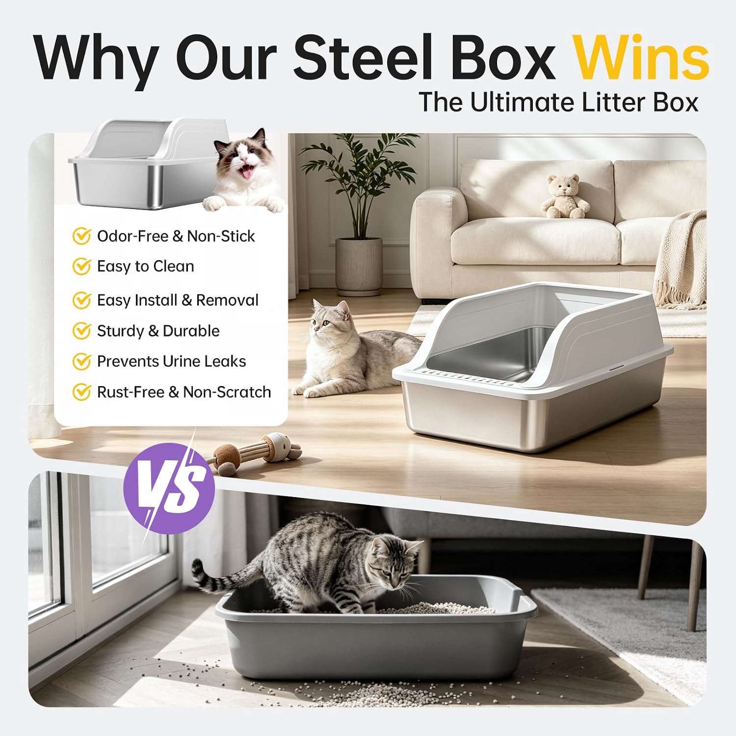 High-Sided Stainless Steel XL Cat Litter Box for Cats