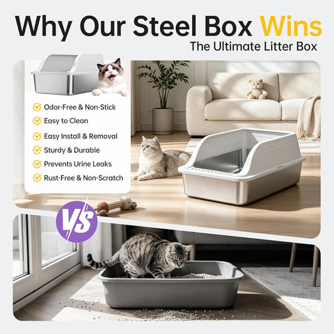 High-Sided Stainless Steel XL Cat Litter Box for Cats