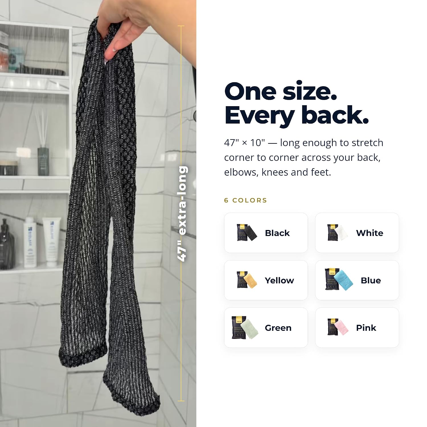 Sima Brand Exfoliating Washcloth Face & Body Scrub Towel - Japanese Exfoliating Towel with Hexagon Fibers, Body Scrubber with 2 Sides for Scrubbing & Washing, Extra Long Body Towels (Black)