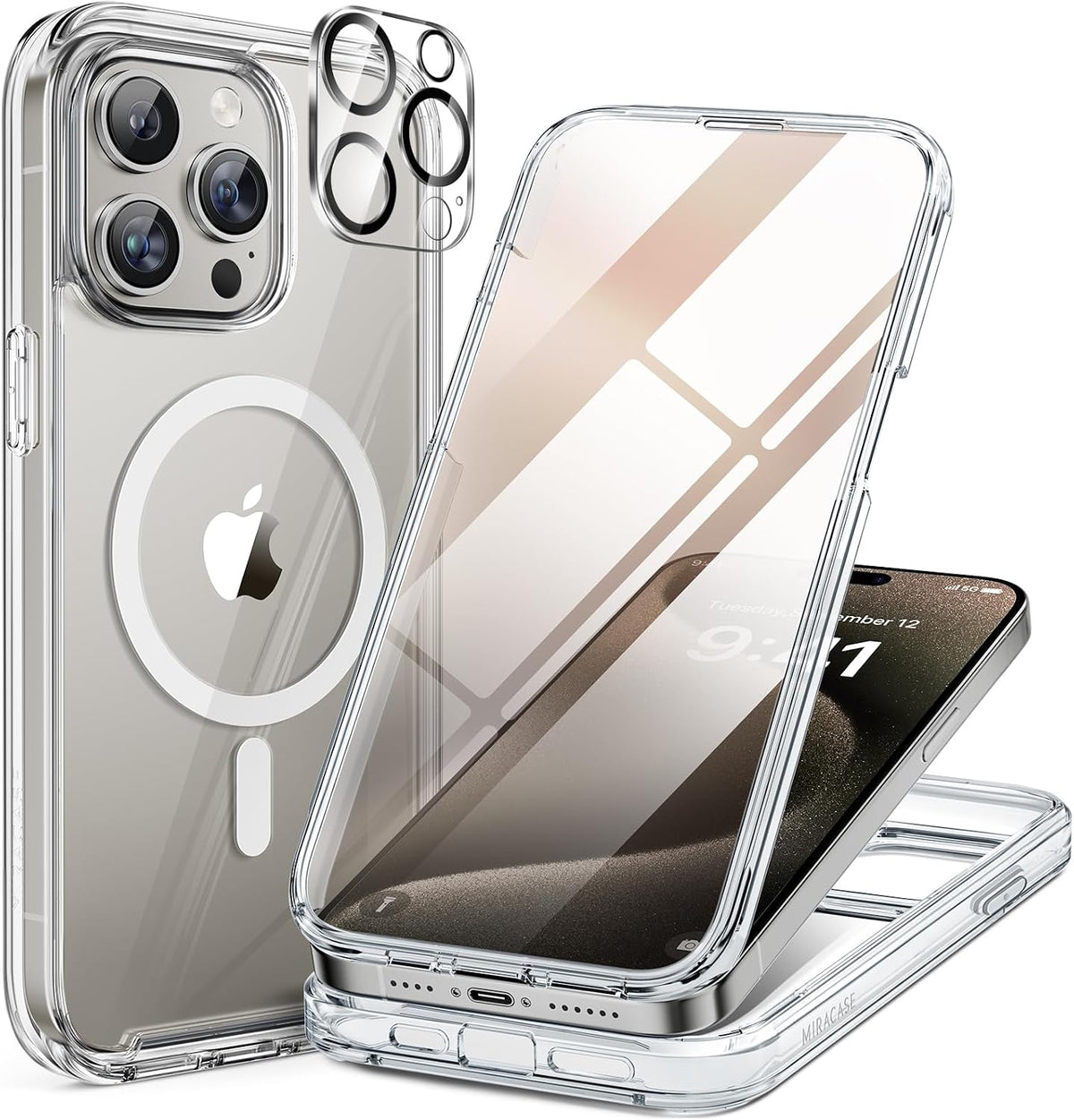 Miracase Magnetic for iPhone 15 Pro Max Case 6.7'' [Compatible with Magsafe] Full-Body Drop Proof Bumper Phone Case for iPhone 15 Pro Max with Built-in 9H Tempered Glass Screen Protector,Clear