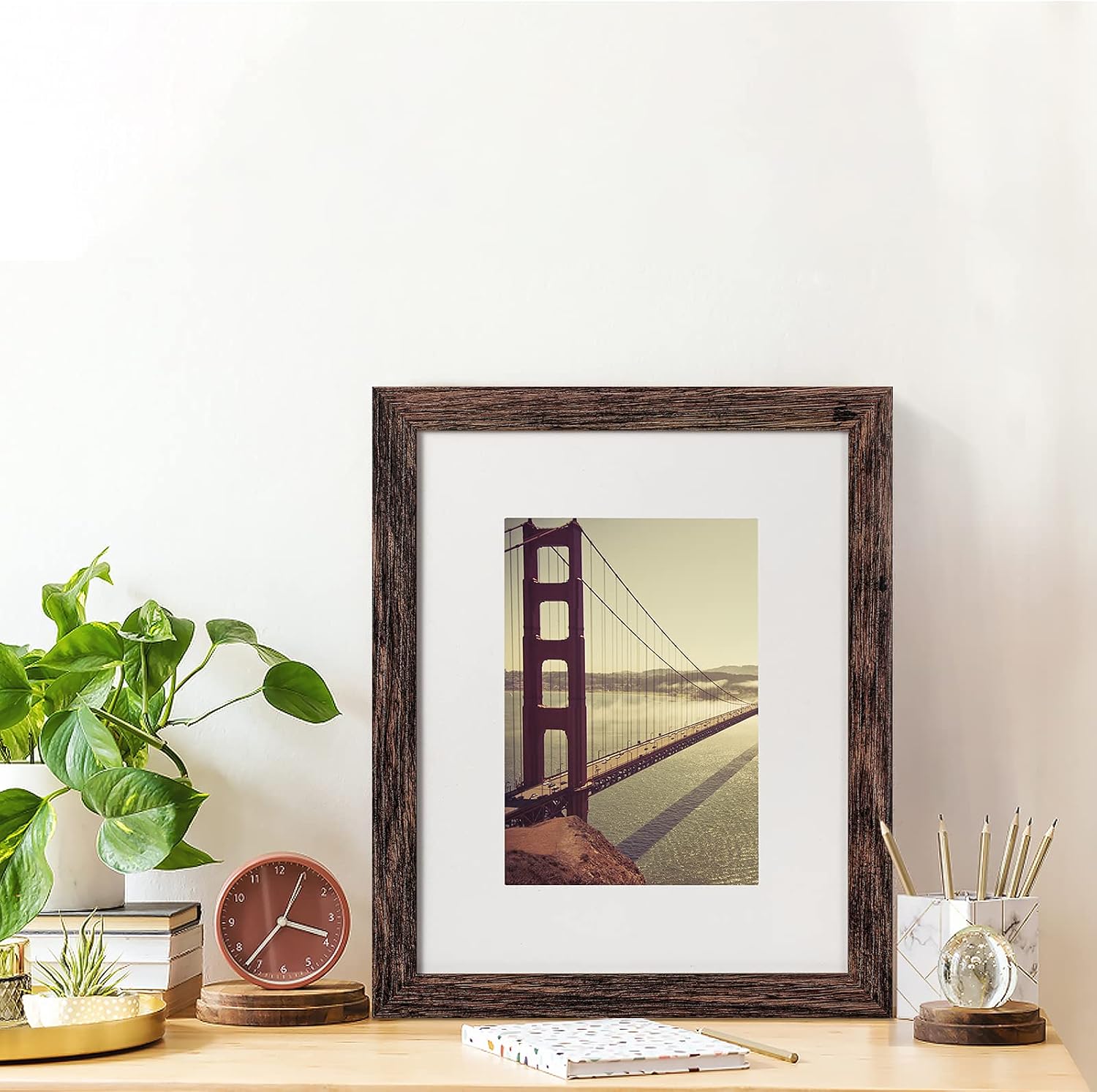 BAIJIALI 8x10 Picture Frame Rustic Brown Wood Pattern Set of 4 with Tempered Glass,Display Photos 5x7 with Mat or 8x10 Without Mat, Horizontal and Vertical Formats for Wall and Table Mounting