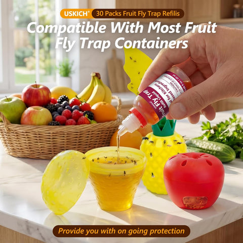 30 Pack Fruit Fly Trap Refill Liquid, 0.68oz/ Bottle, Liquid Fly Traps Refill for Indoors,Effective Lure Refill Gnat Catcher for Home Kitchen Use,Non Toxic Safe Near Food