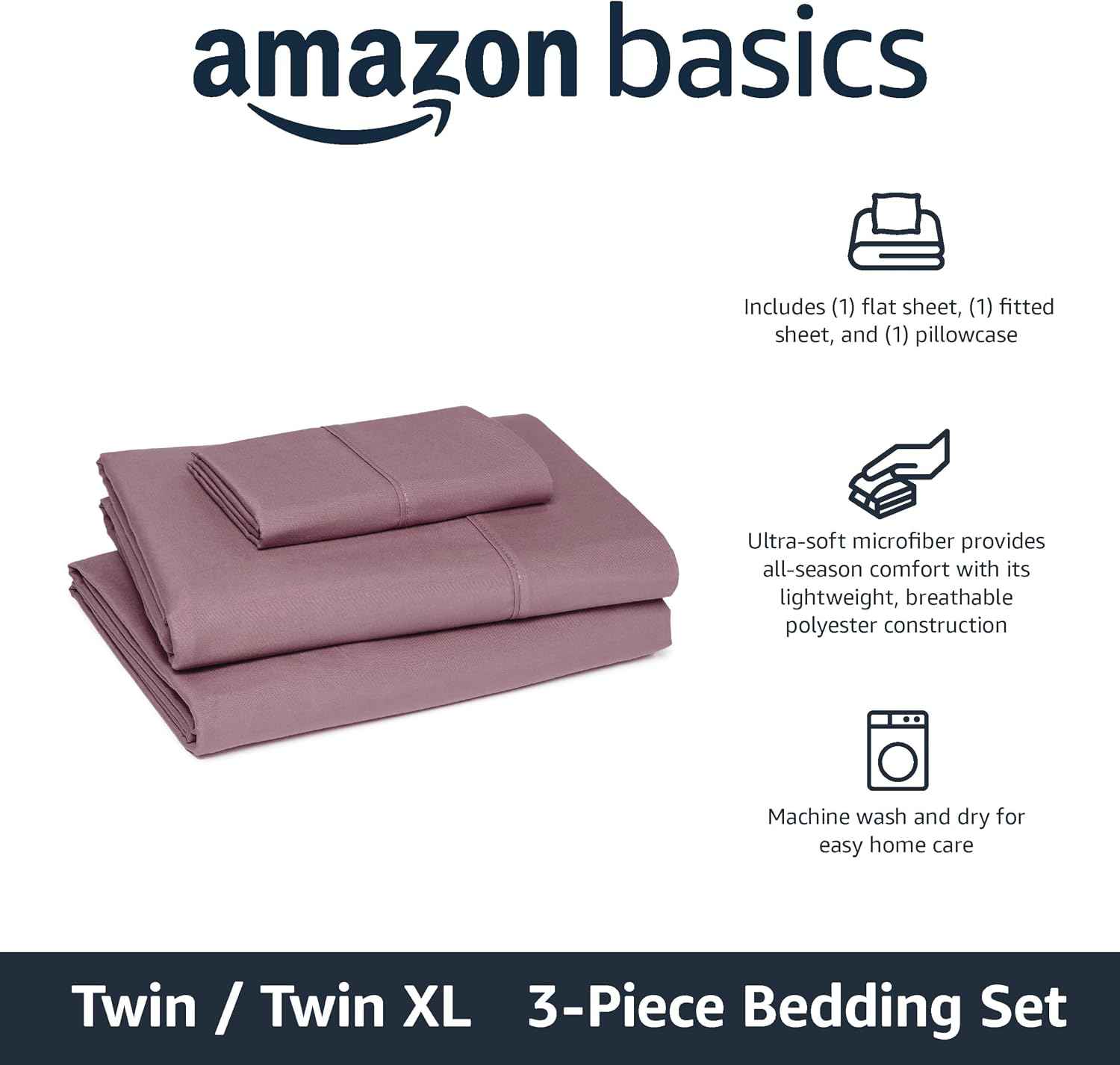 Amazon Basics Lightweight Super Soft Breathable Wrinkle-Free Microfiber 3-Piece Bed Sheet Set, Twin XL, Rose, Solid