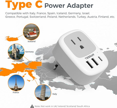 TESSAN 2 Pack European Travel Plug Adapter, US to Europe Plug Adapter