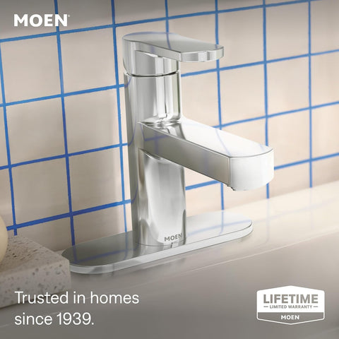 Moen Laris Chrome One-Handle Single Hole Modern Bathroom Sink Faucet with Optional Deckplate and Spring Loaded Drain Assembly, 84014