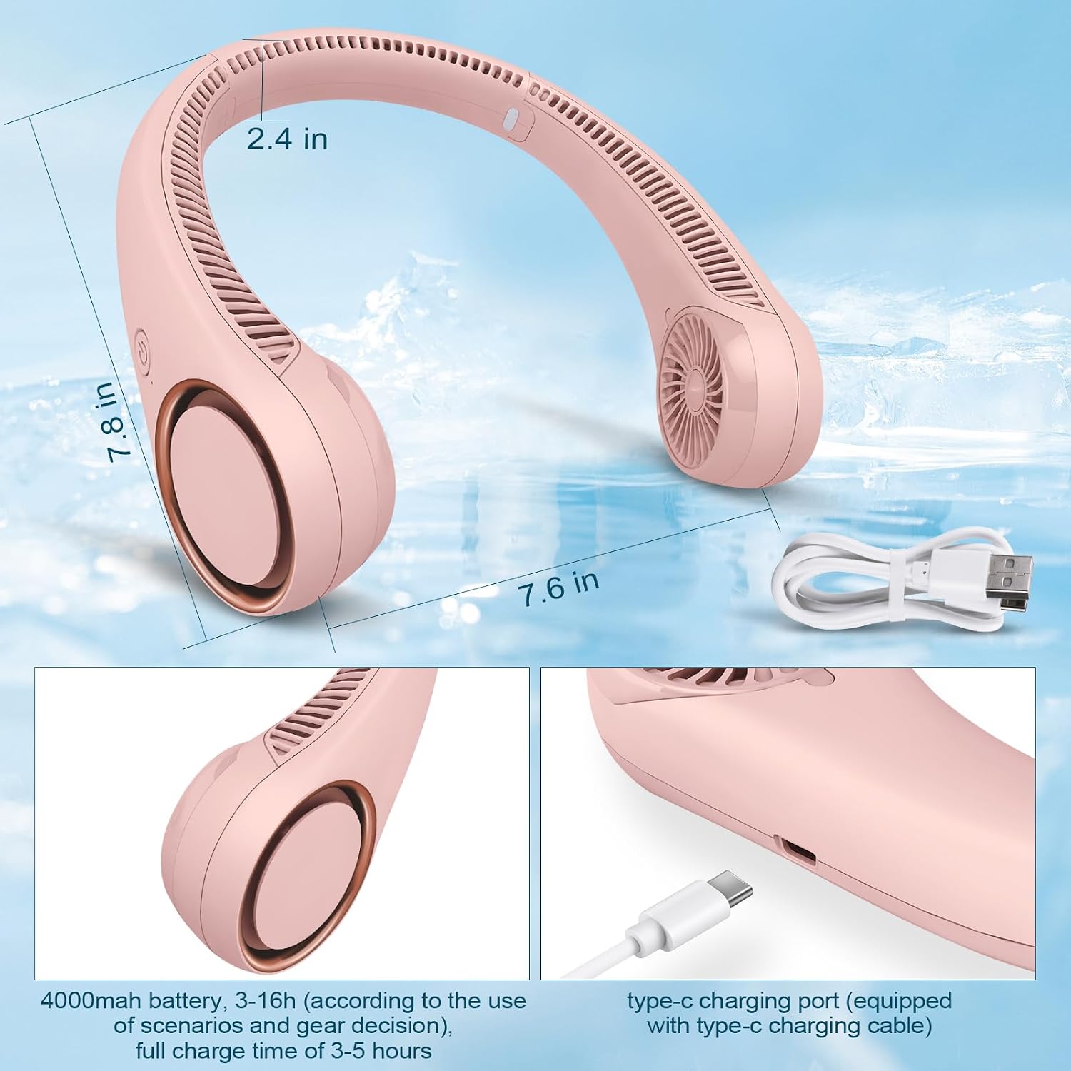 CIVPOWER Neck Fan: Portable Personal Neck Cooling Rechargeable Bladeless Fan - Hands Free 3 Speed 4000 mAh Battery USB Operated Wearable Headphone Design - Gift for Men Women Outdoor (Pink)