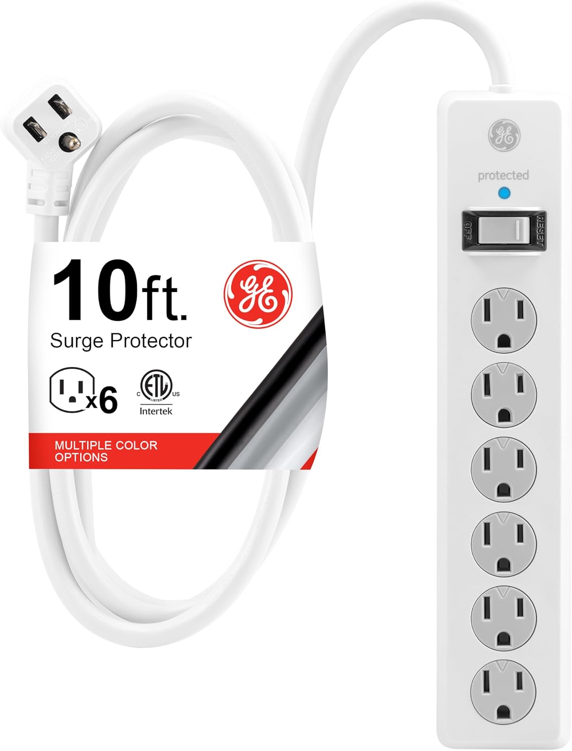 GE Surge Protector Power Strip, 10 Ft Extension Cord, 6 Outlet Extender