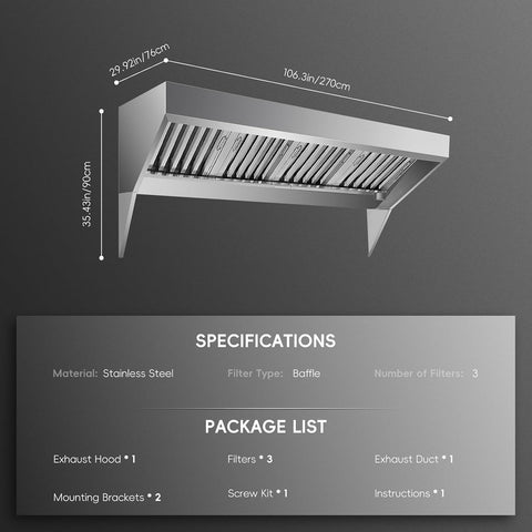 Commercial Exhaust Hood, 9FT Food Truck Hood Exhaust, 403 Stainless Steel Concession Trailer Hood with Baffle Grease Filters, Rust Resistant Vent Hood for Kitchen Restaurant