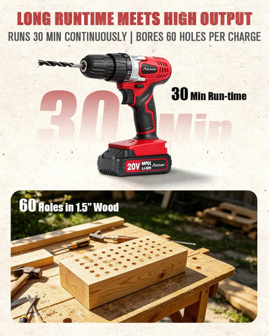 AVID POWER 20V Cordless Drill Set for Home DIY & Beginner Projects - Lightweight Power Drill with Battery Charger & 22 Bits, Variable Speed, 3/8" Keyless Chuck, Ideal for Furniture Assembly (Red)