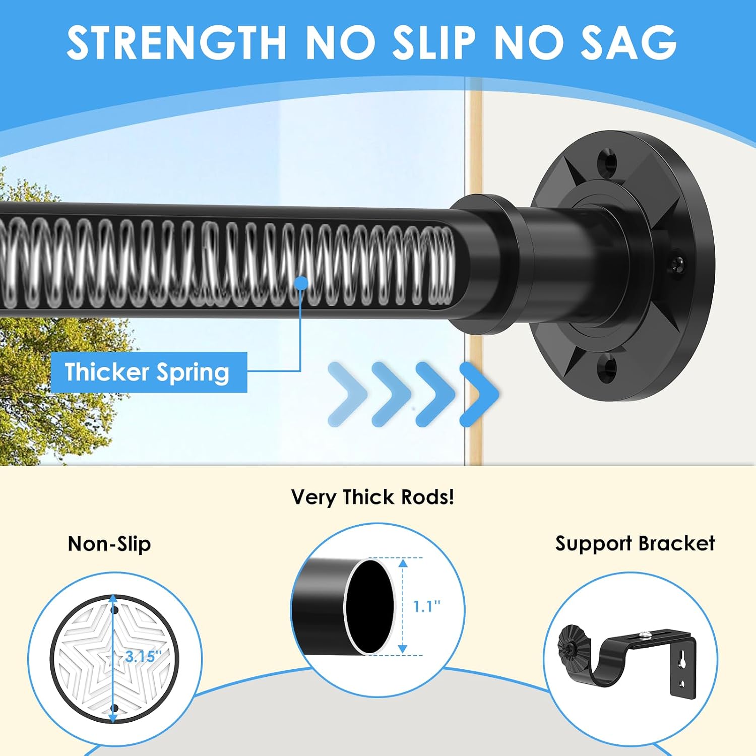 Tension Curtain Rod 31-88 inch Black Shower Curtain Rods for Bathroom Adjustable Curtain Rods No Drilling for Windows Spring Rod for Closet Tension Or Screw Mount Easy Install Non Slip, No Rust