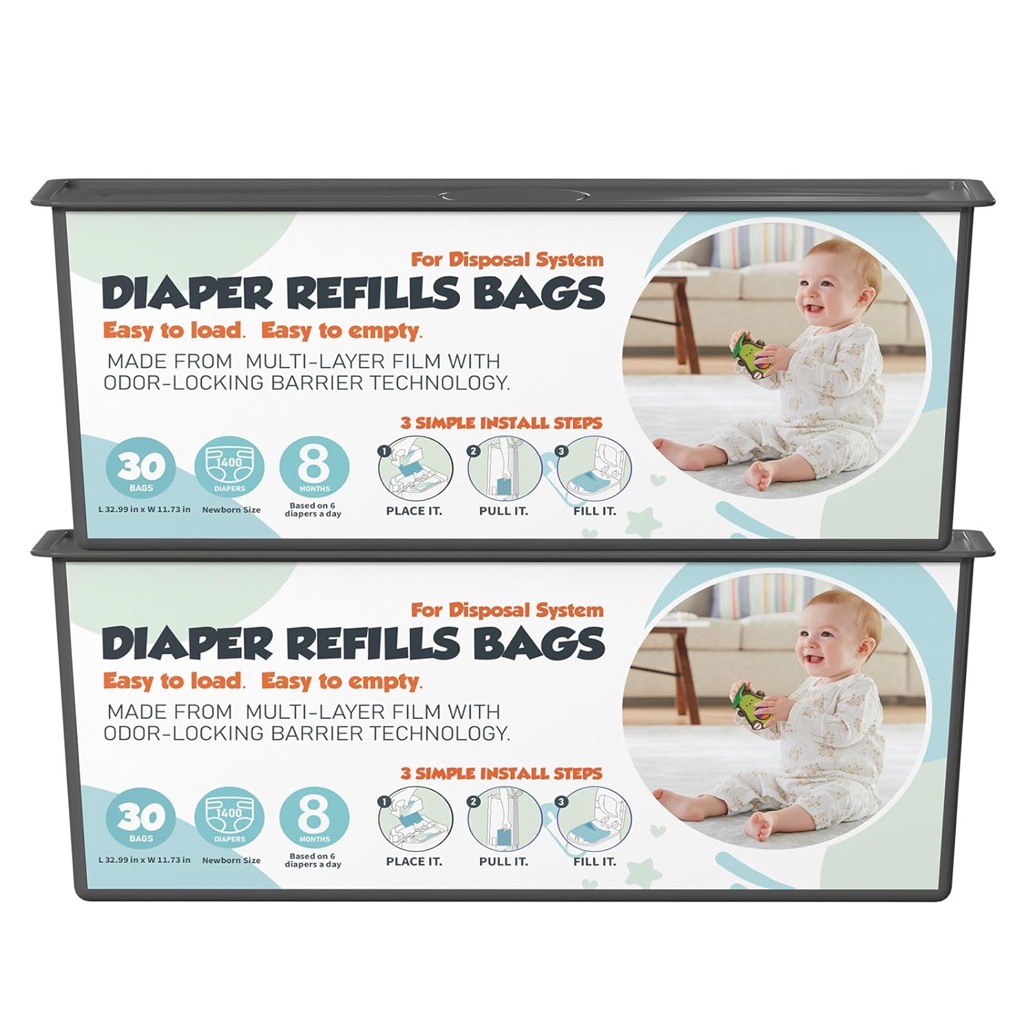 Diaper Pail Refills Bags with 30 Bags Compatible with Genie Easy Roll Signature and Platinum Diaper Pails, 7-Layer Odor-Barrier Technology, 2 Pack (60 Bags)