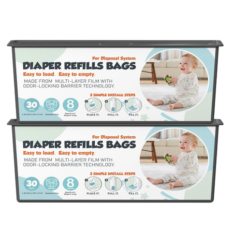 Diaper Pail Refills Bags with 30 Bags Compatible with Genie Easy Roll Signature and Platinum Diaper Pails, 7-Layer Odor-Barrier Technology, 2 Pack (60 Bags)