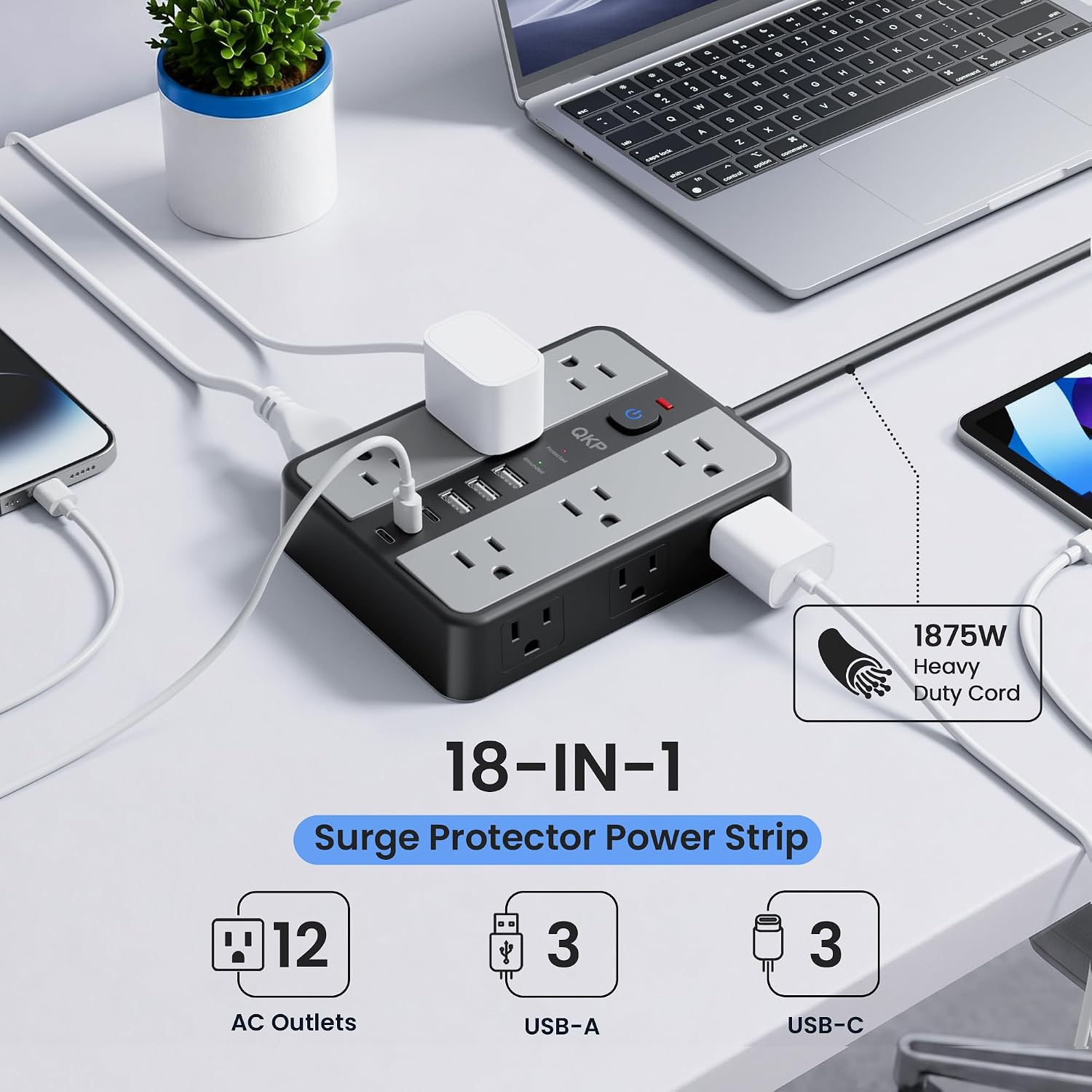 2400J Surge Protector Power Strip with 12 Outlets, 6 USB (3 USB C), 6 FT