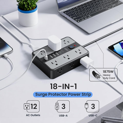 2400J Surge Protector Power Strip with 12 Outlets, 6 USB (3 USB C), 6 FT
