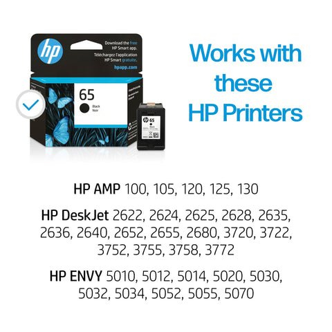 HP 65 Black Ink Cartridge | Works with HP AMP 100 Series, HP DeskJet 2600, 3700 Series, HP ENVY 5000 Series | Eligible for Instant Ink | N9K02AN