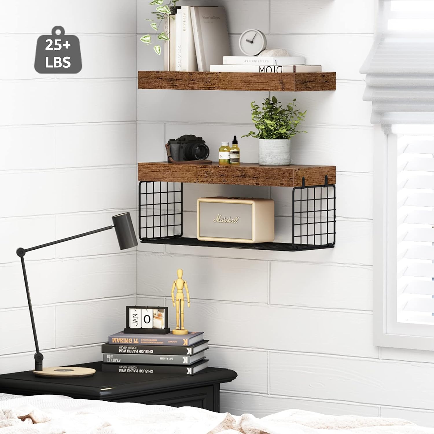 QEEIG Bathroom Shelves Over Toilet Wall Mounted (Brown, Set of 2, 15.7")