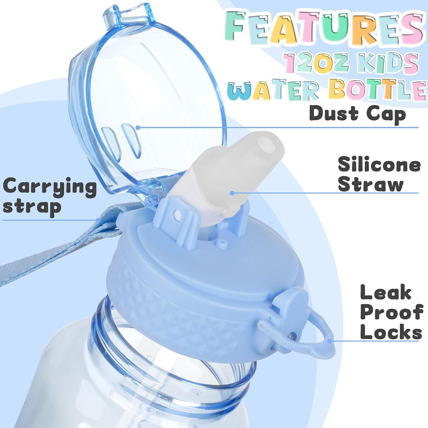 OLDLEY 12oz Kids Water Bottle, Tritan BPA-Free, Leakproof Flip Straw Lid, Motivational Time Marker, Carry Strap, Reusable Clear Water Bottle for Boys & Girls,Baby Blue