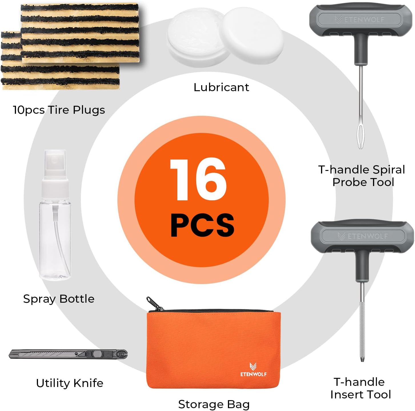 ETENWOLF Flat Tire Repair Kit with Plugs 16 Pcs, Heavy Duty Tire Plug Kit