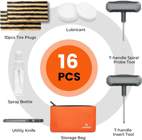ETENWOLF Flat Tire Repair Kit with Plugs 16 Pcs, Heavy Duty Tire Plug Kit