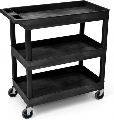 Luxor EC111-B 3-Shelf Heavy Duty Rolling Plastic Utility Cart, Black