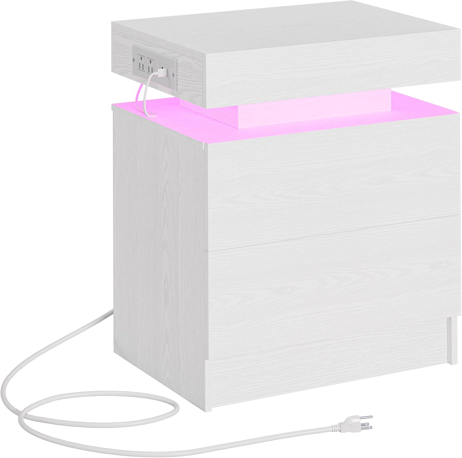 LIKIMIO Nightstand with Charging Station LED Light and 2 Drawers White