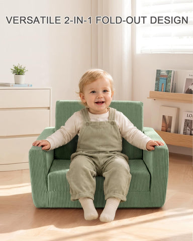 2-in-1 Kids Chair and Couch, Cozy Corduroy Kids Sofa, Green