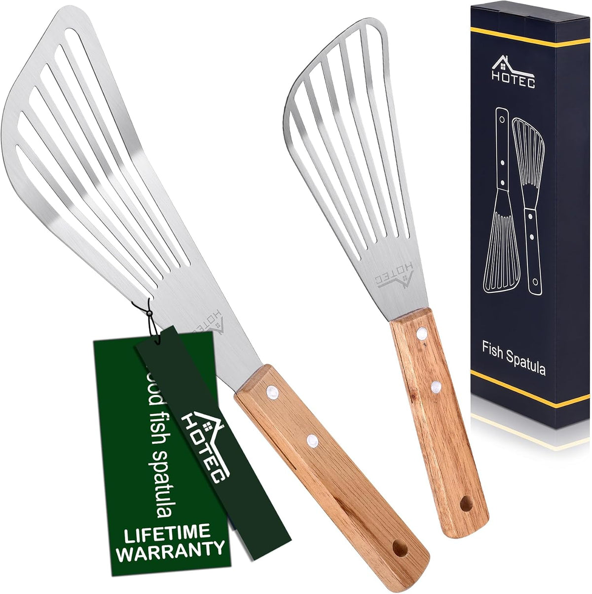 HOTEC 2-Pack Stainless Steel Fish Spatula, Wooden Handle