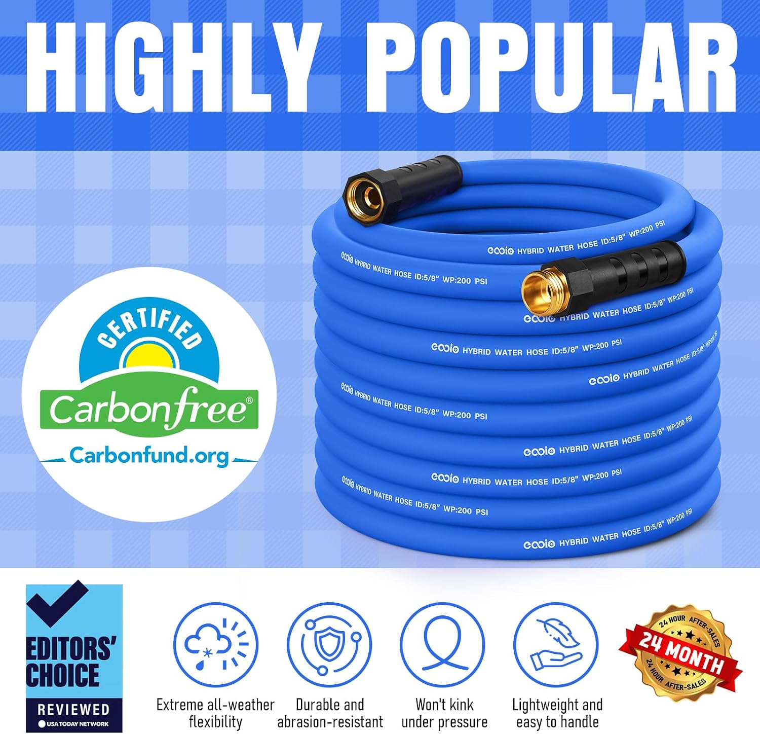 Heavy Duty Garden Hose 75 ft, Non-Expanding Flexible Water Hose, Kink Resistant Lightweight Hybrid Hose, Leakproof Hose Male to Female Fittings